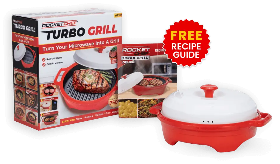 Rocket Chef Turbo Grill cookware, box and recipe guide