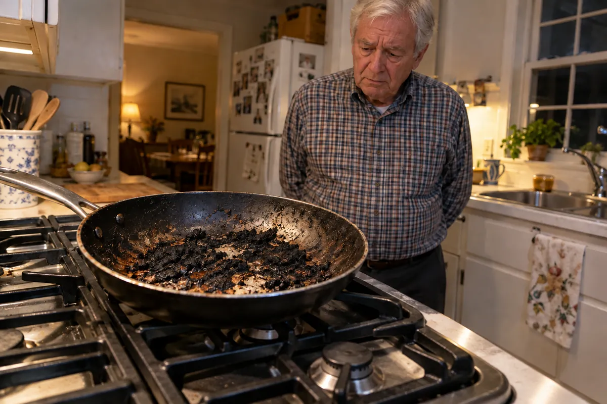 An older father looking at a scorched frying pan in his home kitchen