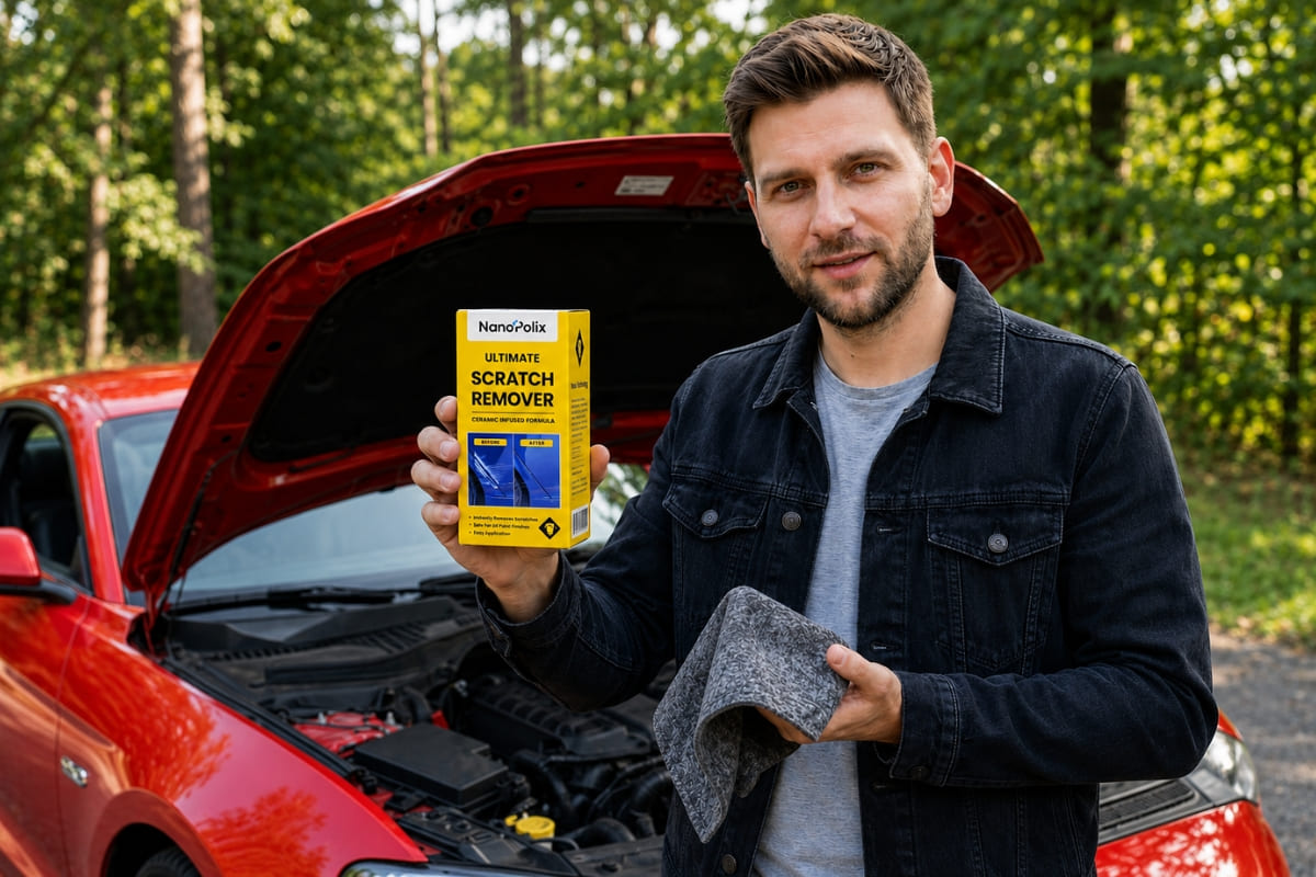 Man with NanoPolix cloth in front of car