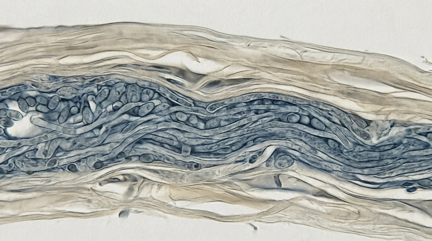 Scientific illustration showing the biofilm barrier protecting fungal cells beneath the nail