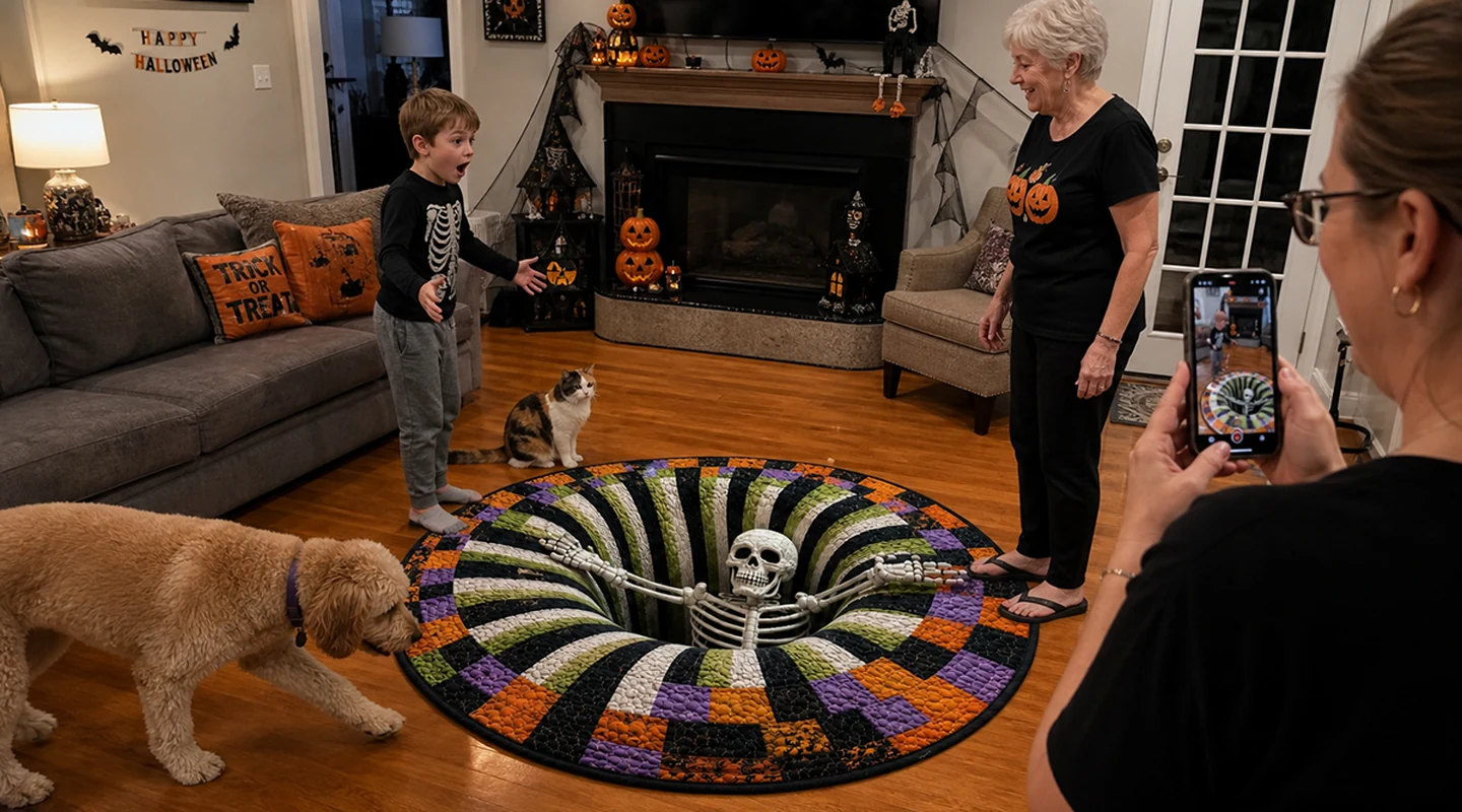 A boy reacting with an open mouth to a round Halloween rug printed so the middle looks like a pit with a skeleton climbing out, an older woman laughing beside it and a dog walking up