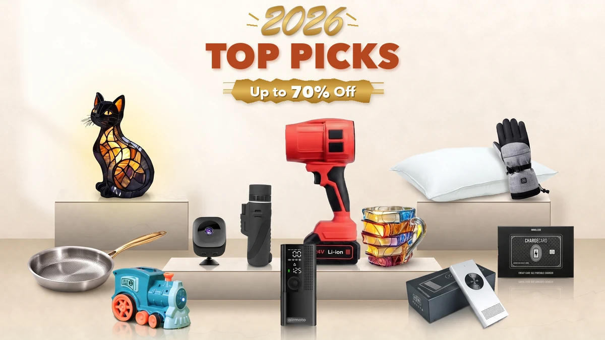 2026 Top Picks, up to 70% off: a stained-glass cat lamp, a white pillow, a heated glove, a red cordless leaf blower, a small security camera, a pocket monocular, a mug shaped like stacked books, a cordless tire inflator, a frying pan, a toy domino train, a pocket translator and a ChargeCard box on stone plinths