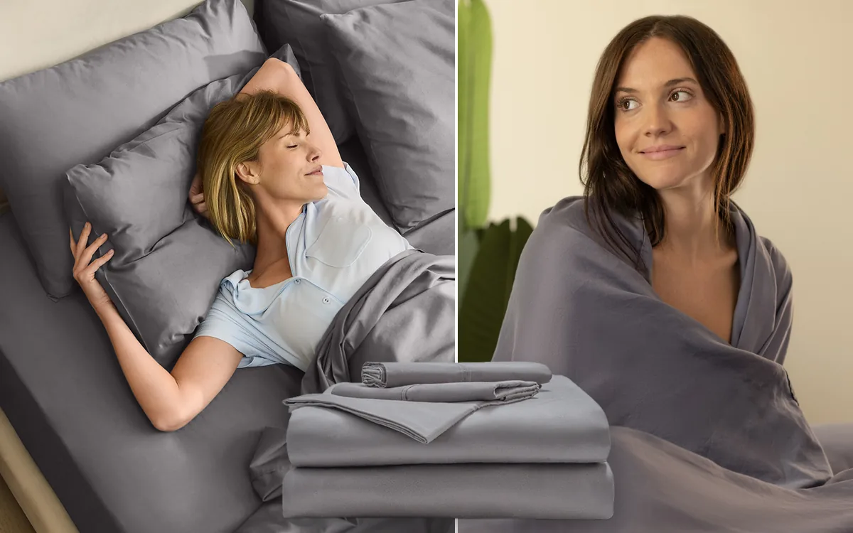 Left, a woman asleep and smiling in a bed made up with gray Miracle Made sheets; right, a woman wrapped in a gray sheet; in front, a folded set of the gray sheets