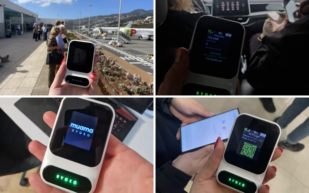 Four scenes with the Ryoko pocket router: held up at an airport gate, showing the data plan on a road trip, at a home desk next to a laptop, and a phone connecting by the QR code on its screen