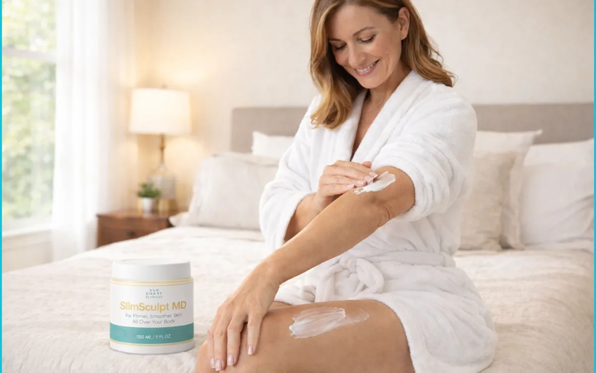 A woman in a robe smooths SlimSculpt MD cream onto her arm, the jar beside her on the bed