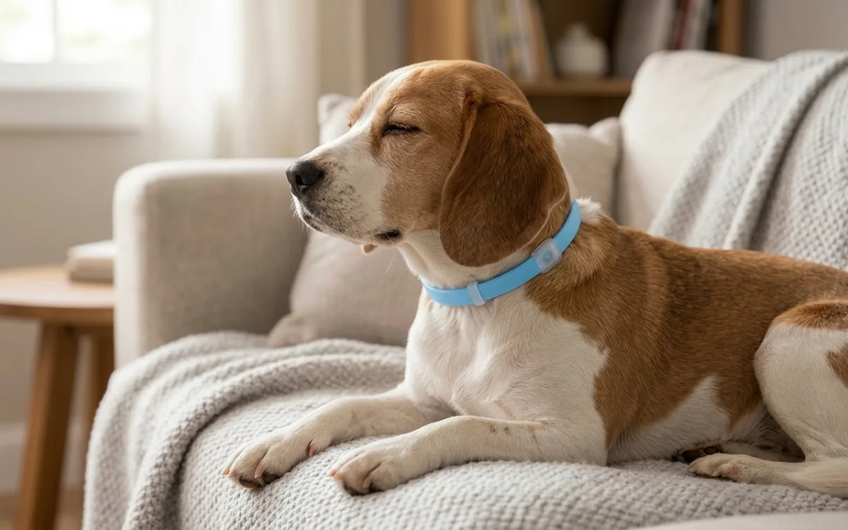 A beagle resting on a couch at home, wearing the light-blue CalmiCollar
